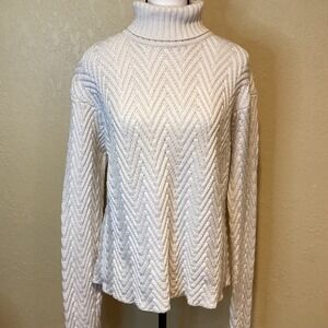 Eileen Fisher Chevron 100% Merino Wool Turtleneck Sweater, Cream, Size Small
